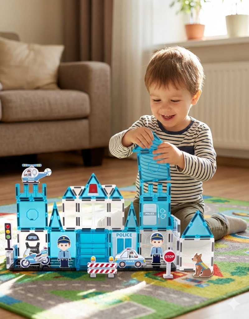 ✨posterunek policji z klocków magnetycznych 42 el. – kreatywna zabawa od 3 lat 👮‍♂️✨