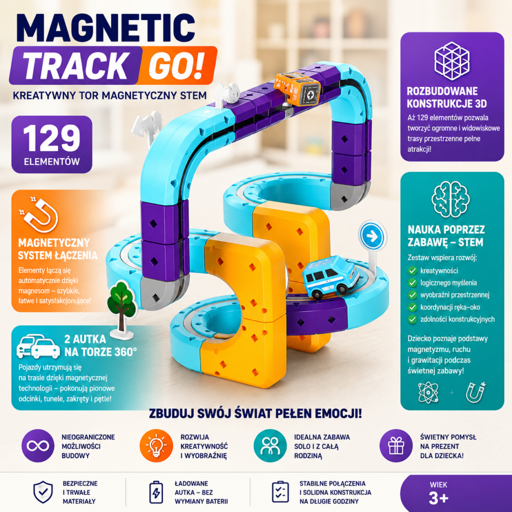  🚗🧲tor magnetyczny stem magnetic track go! + auto | klocki konstrukcyjne [129 el.]