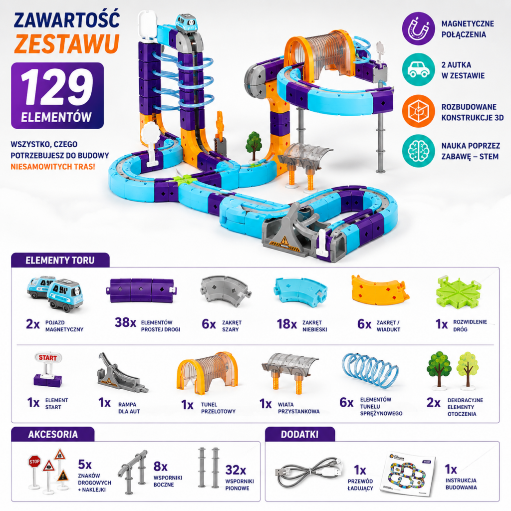  🚗🧲tor magnetyczny stem magnetic track go! + auto | klocki konstrukcyjne [129 el.]
