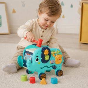 sensoryczny słonik montessori 🐘– edukacyjny sorter kształtów z młotkiem