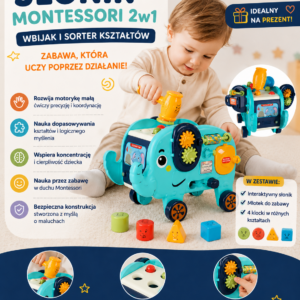 sensoryczny słonik montessori 🐘– edukacyjny sorter kształtów z młotkiem