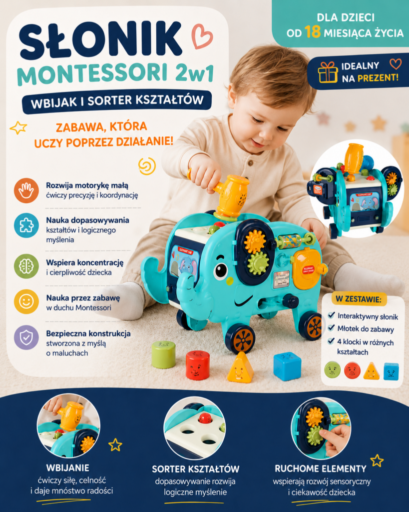 sensoryczny słonik montessori 🐘– edukacyjny sorter kształtów z młotkiem