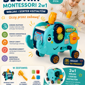 sensoryczny słonik montessori 🐘– edukacyjny sorter kształtów z młotkiem
