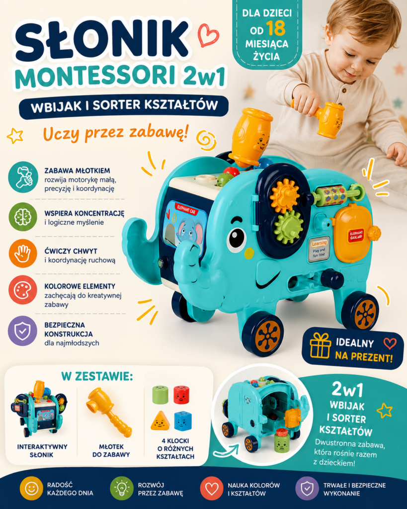 sensoryczny słonik montessori 🐘– edukacyjny sorter kształtów z młotkiem