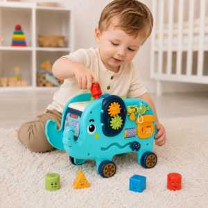 sensoryczny słonik montessori 🐘– edukacyjny sorter kształtów z młotkiem