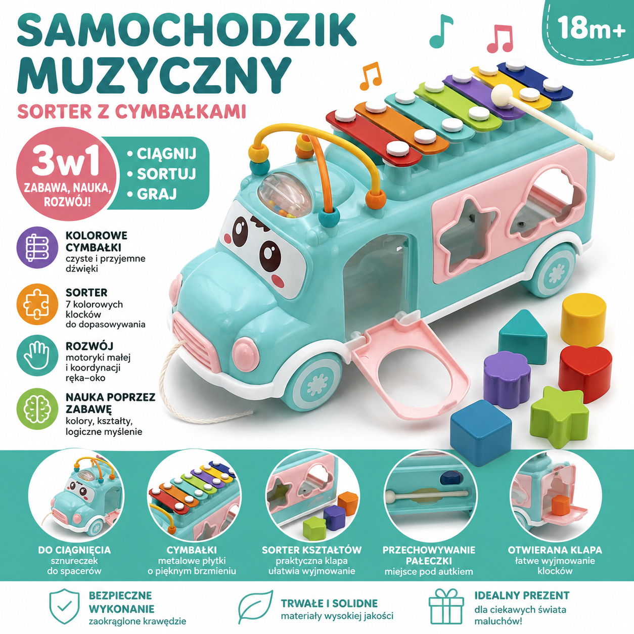 ✨interaktywny samochodzik sorter z cymbałkami, zabawka edukacyjna 3w1✨ ✨interaktywny samochodzik sorter z cymbałkami, zabawka edukacyjna 3w1✨