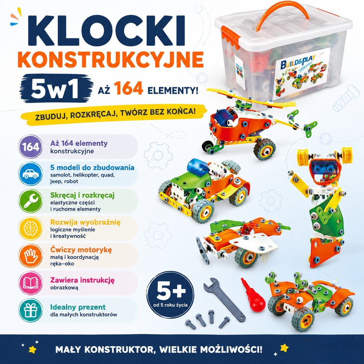 klocki konstrukcyjne 5w1 164el. zestaw małego inżyniera klocki konstrukcyjne 5w1 164el. zestaw małego inżyniera