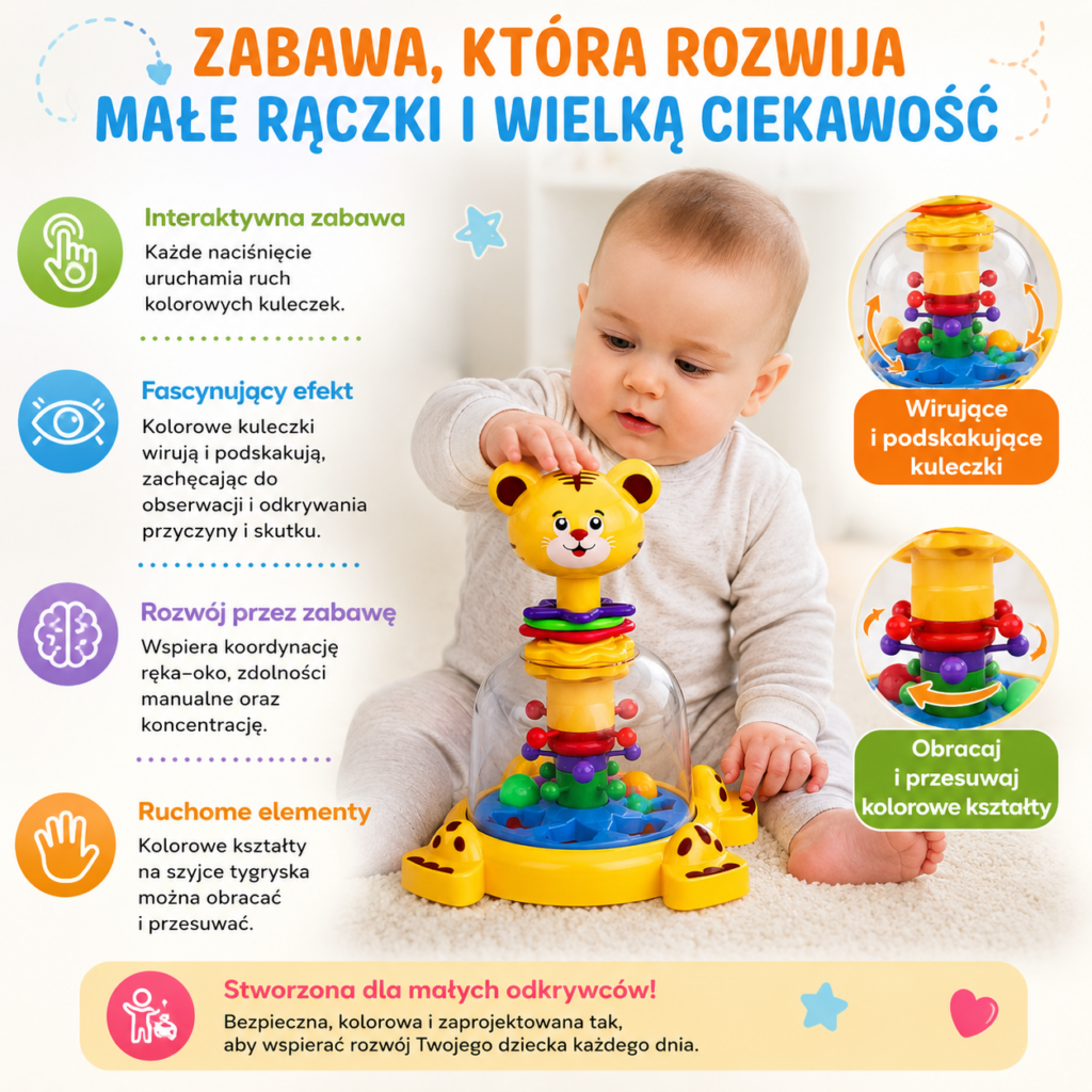 ✨ interaktywny bączek tygrys z kulkami🐯 – zabawka sensoryczna dla niemowląt✨