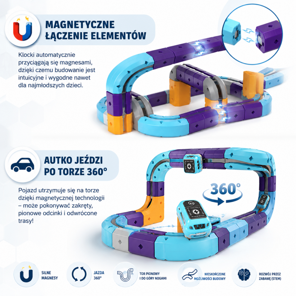 🚗🧲 tor magnetyczny stem magnetic track go! + auto | klocki konstrukcyjne [87 el.]