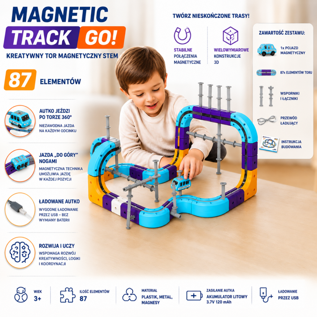 🚗🧲 tor magnetyczny stem magnetic track go! + auto | klocki konstrukcyjne [87 el.]
